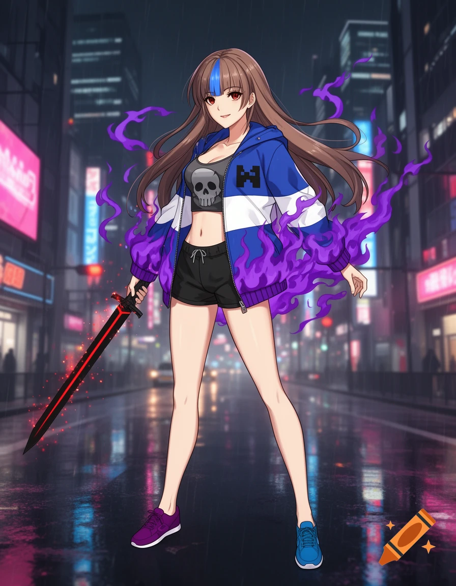 Anime style illustration of a girl in a blue and white jacket holding a black and red glowing sword in a Tokyo street at night.