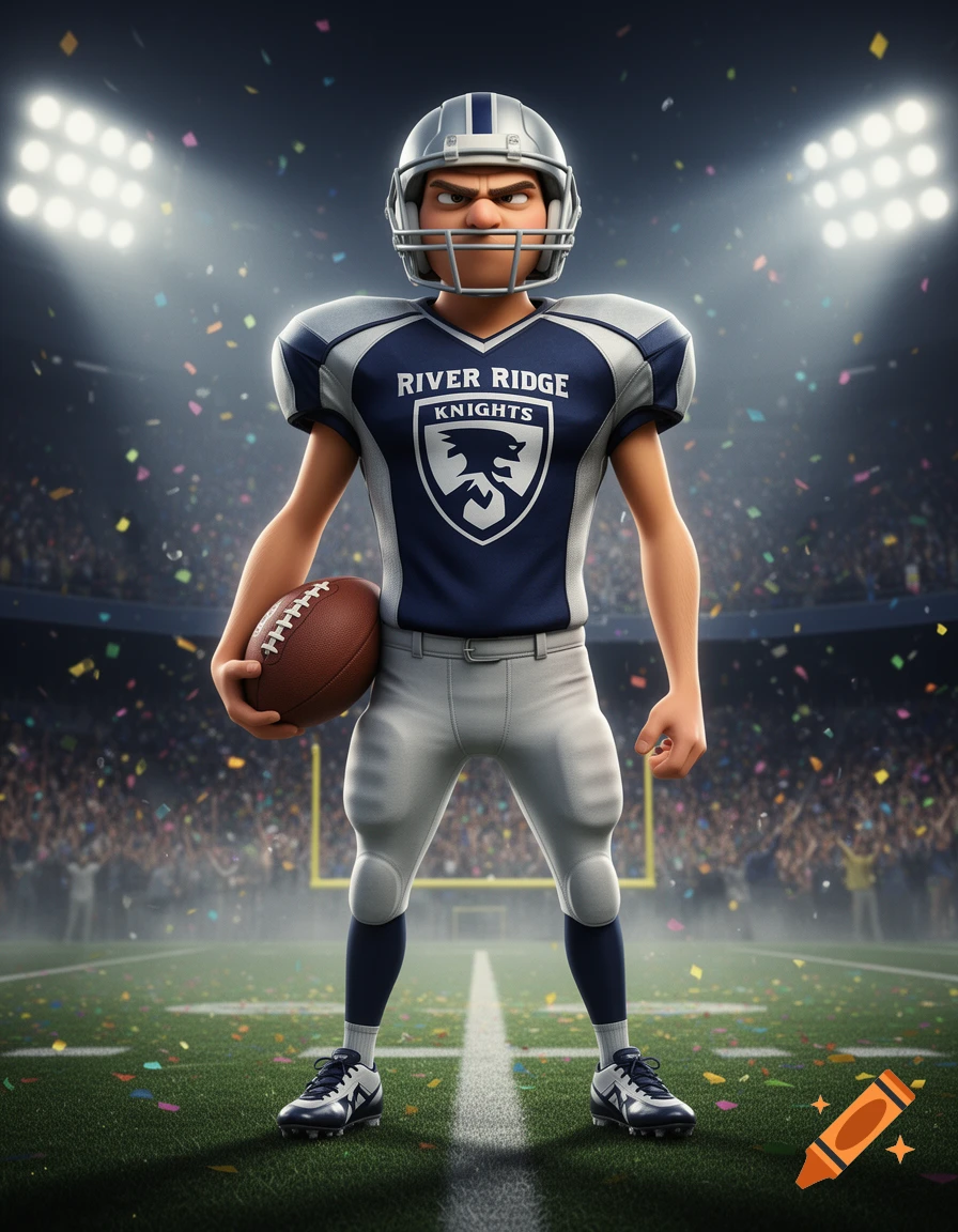 3D animated style football player in River Ridge Knights uniform holding a football on a stadium field.