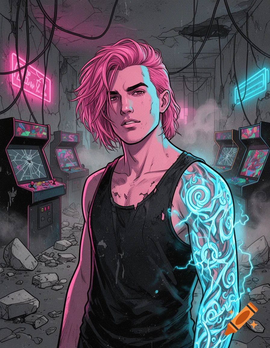 Grungy illustrated portrait of a young man with pink hair and glowing blue tattoos in a ruined arcade, comic book style.