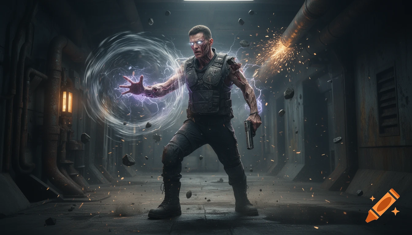 Photorealistic action shot of a man with glowing eyes unleashing a shockwave in a dark industrial corridor.