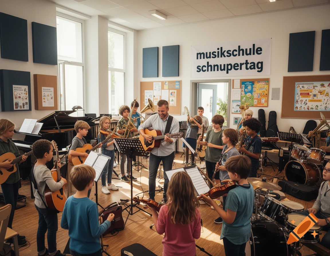 An adult music teacher plays guitar in a classroom with a group of children playing various instruments under a sign that reads 'musikschule schnuppertag'.