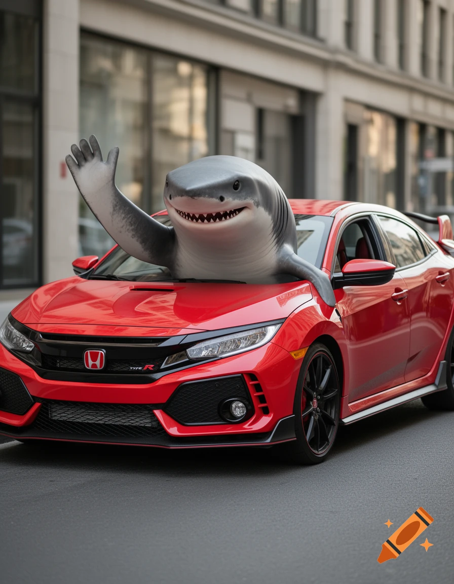 A friendly shark waving from the driver's seat of a red Honda Civic Type R parked on a city street. Photorealistic.