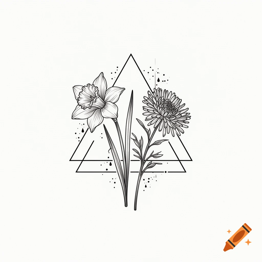 Fine line tattoo design featuring a daffodil and an aster flower intertwined with overlapping geometric triangles, black and white illustration.