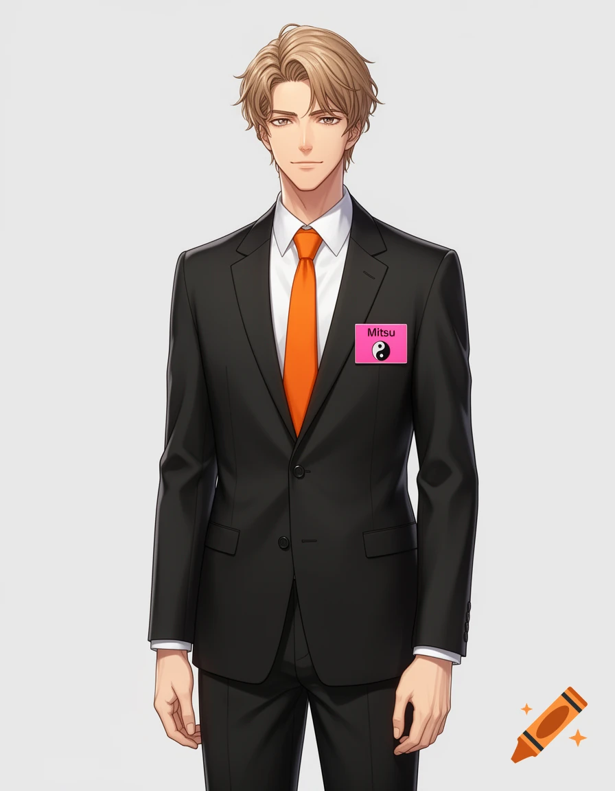 Anime style full-body portrait of a handsome young man in a black suit, orange tie, and a pink name tag reading Mitsu.