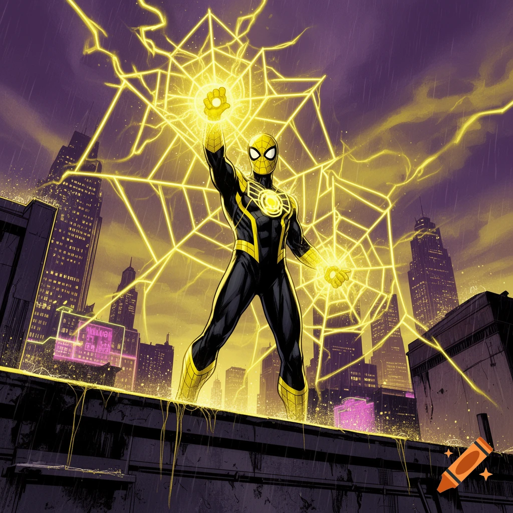 Spider-Man in a black and yellow suit, wielding glowing yellow energy and web constructs, standing on a rainy rooftop overlooking a city in comic book art style.