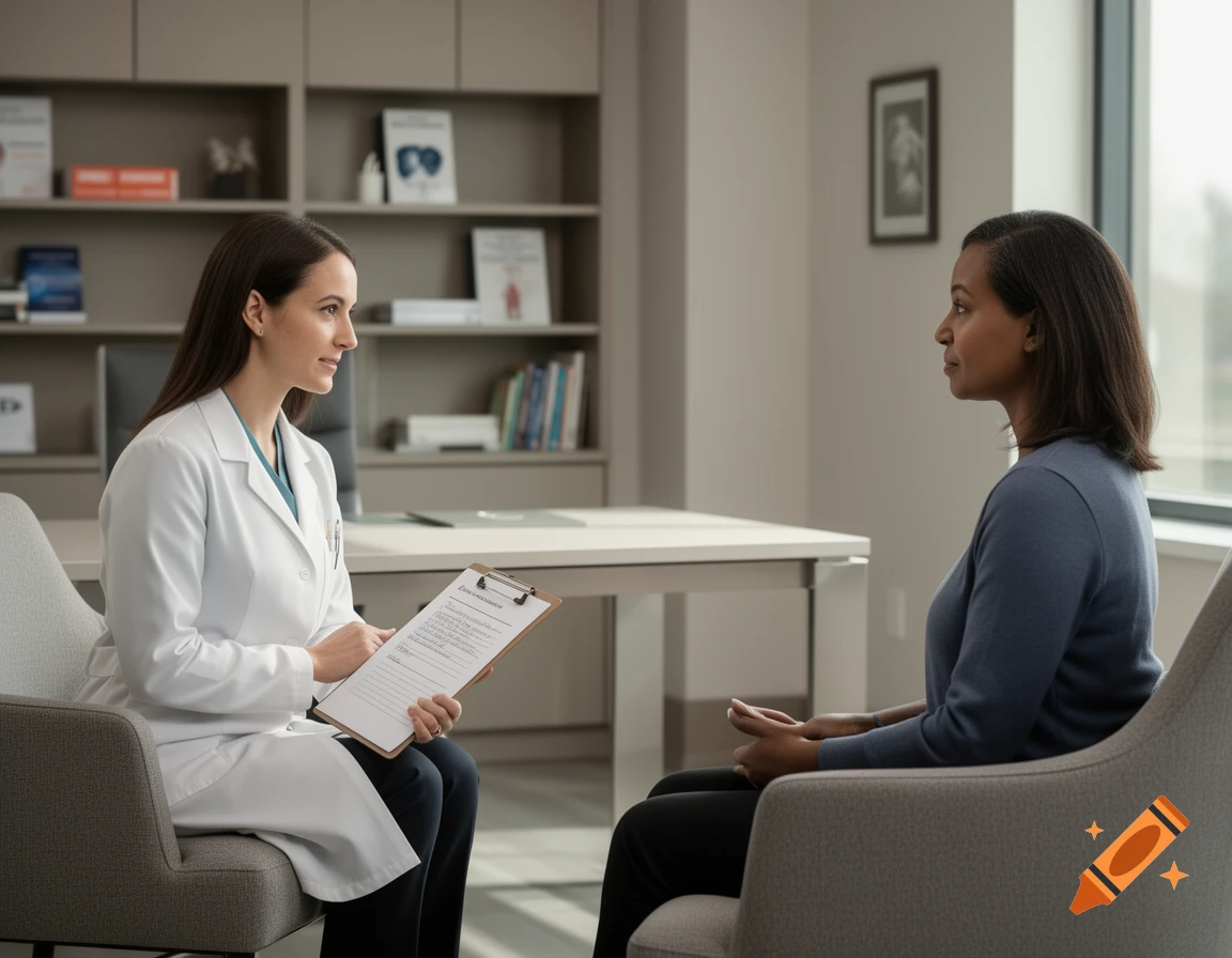 A female psychiatrist in a white coat holding a clipboard talking to a patient in a modern medical office, photorealistic.
