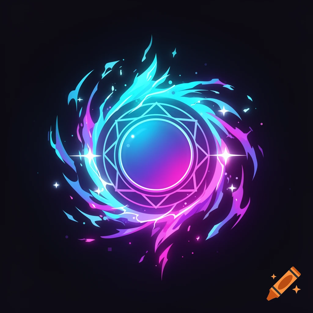 Glowing neon blue and purple magical energy orb with geometric patterns and sparkling particles on a black background.
