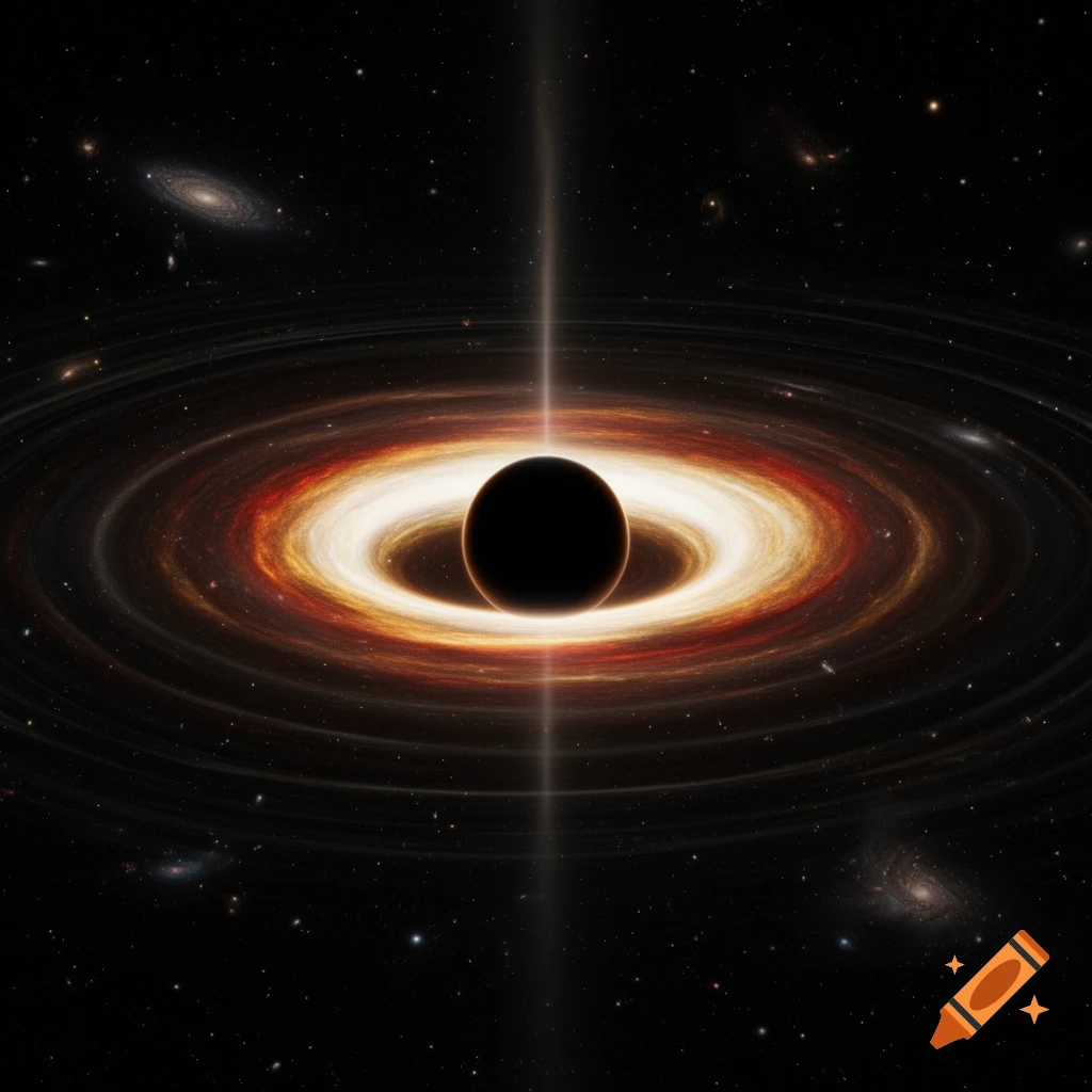Photorealistic image of a black hole with glowing accretion disks and a vertical jet of light against a starry background.