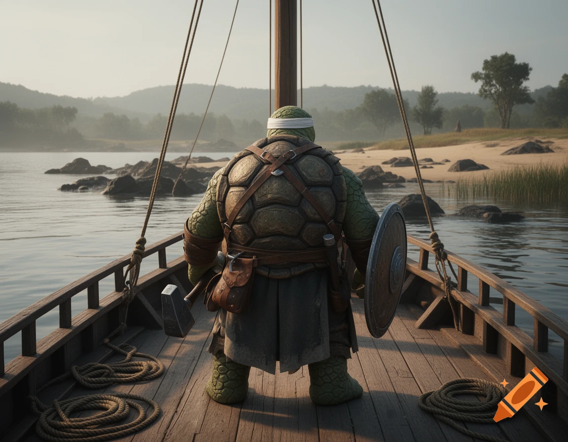 Photorealistic rear view of a tortle cleric with a shell, white headband, warhammer, and shield standing on a wooden boat facing a misty lake and shore.