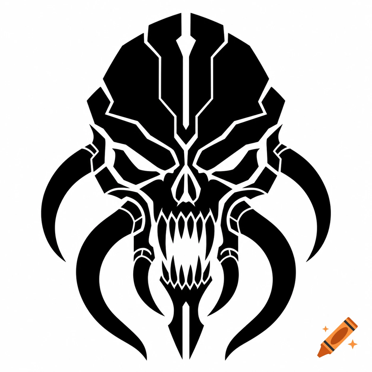 Bold black silhouette vector design of a stylized sci-fi monster skull with heavy brow ridges and tentacle-like mandibles on a white background.