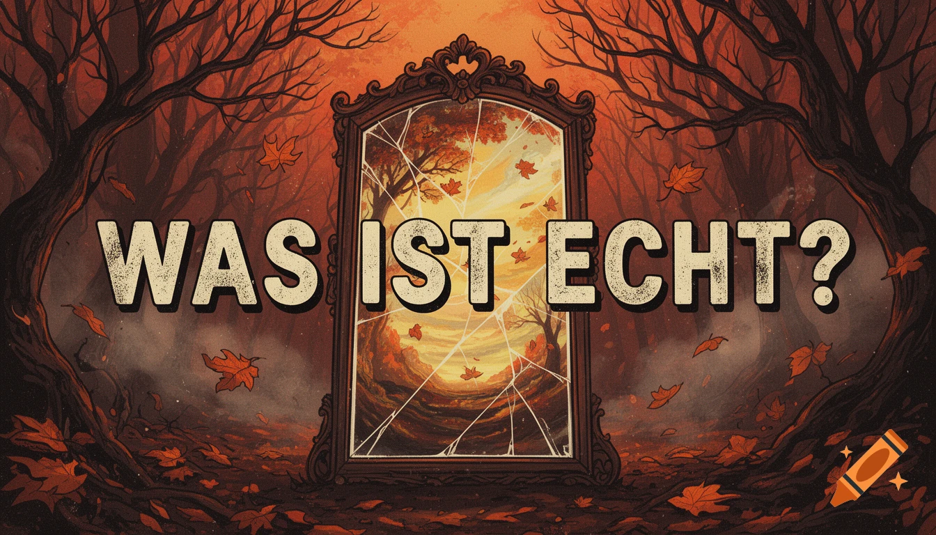 A cracked mirror in a dark autumn forest reflecting a surreal orange sky, with the bold text 'WAS IST ECHT?' across the middle.