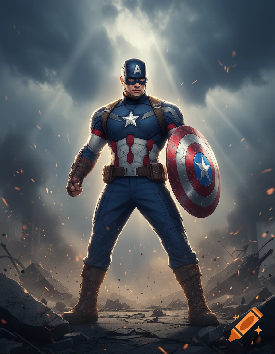Captain America in a tactical suit and helmet standing amidst ruins with a shield in a dramatic, cloudy sky setting.