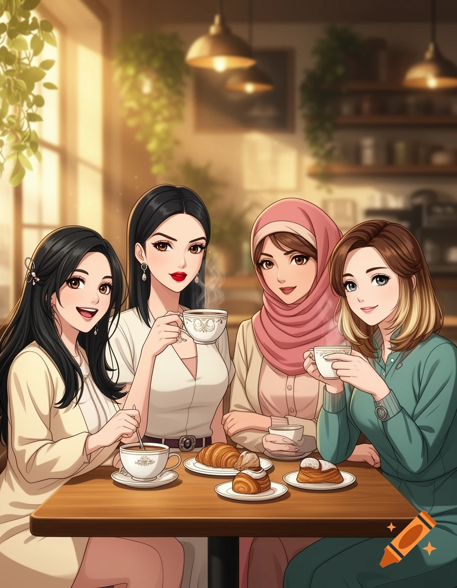 Four young women in anime style sitting together in a cafe, drinking coffee and eating pastries.