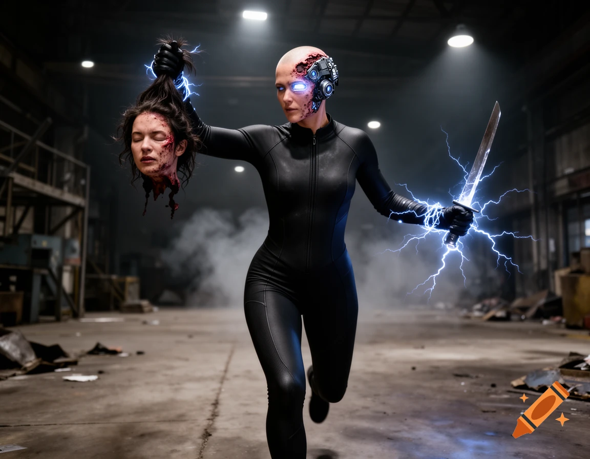 Photorealistic action shot of a cyborg woman in a black suit running through a warehouse, holding a severed head and an energy sword.