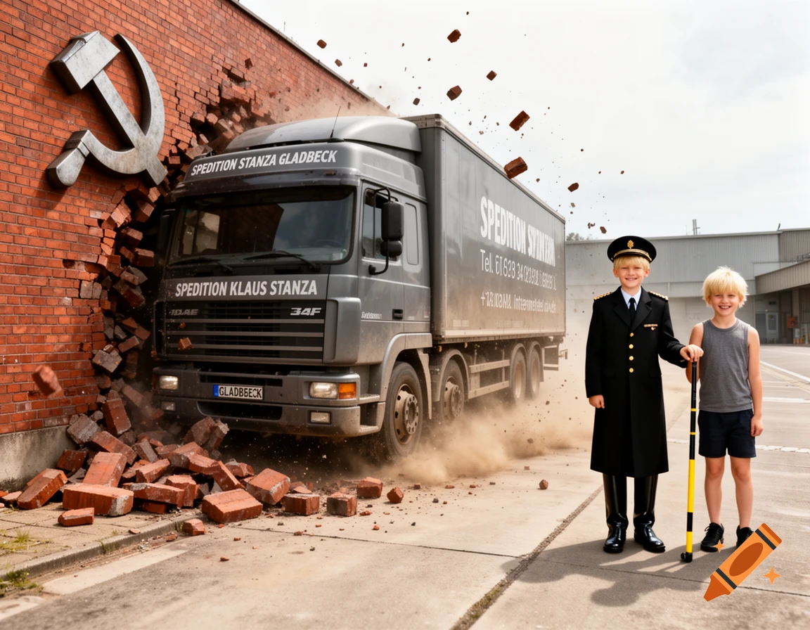 Photorealistic image of a grey semi-truck crashing through a brick wall with a hammer and sickle symbol, next to two standing boys.
