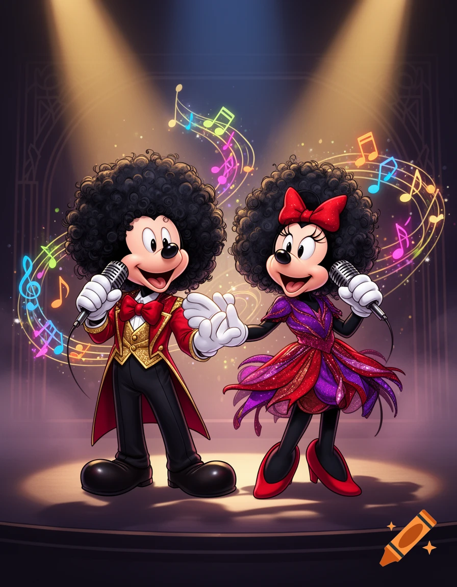 Mickey and Minnie Mouse with black afro hair singing into microphones on a stage under spotlights, digital illustration style.