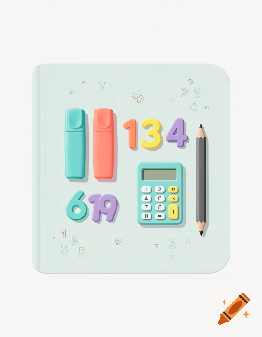 Simple 3D illustration of a notebook cover with pastel highlighters, numbers, a calculator, and a pencil.