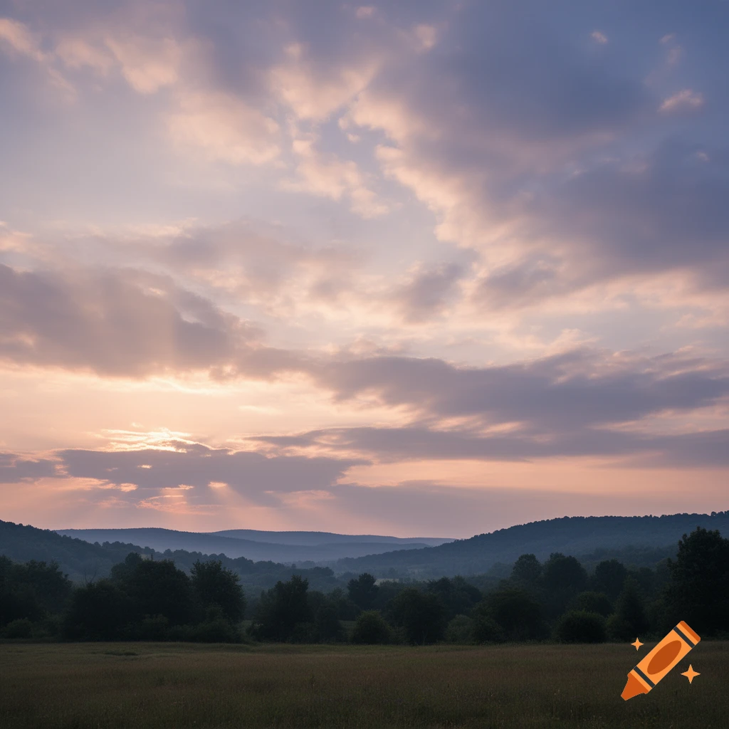 Photorealistic landscape of rolling hills and trees beneath a cloudy sunset sky with sun rays shining through.