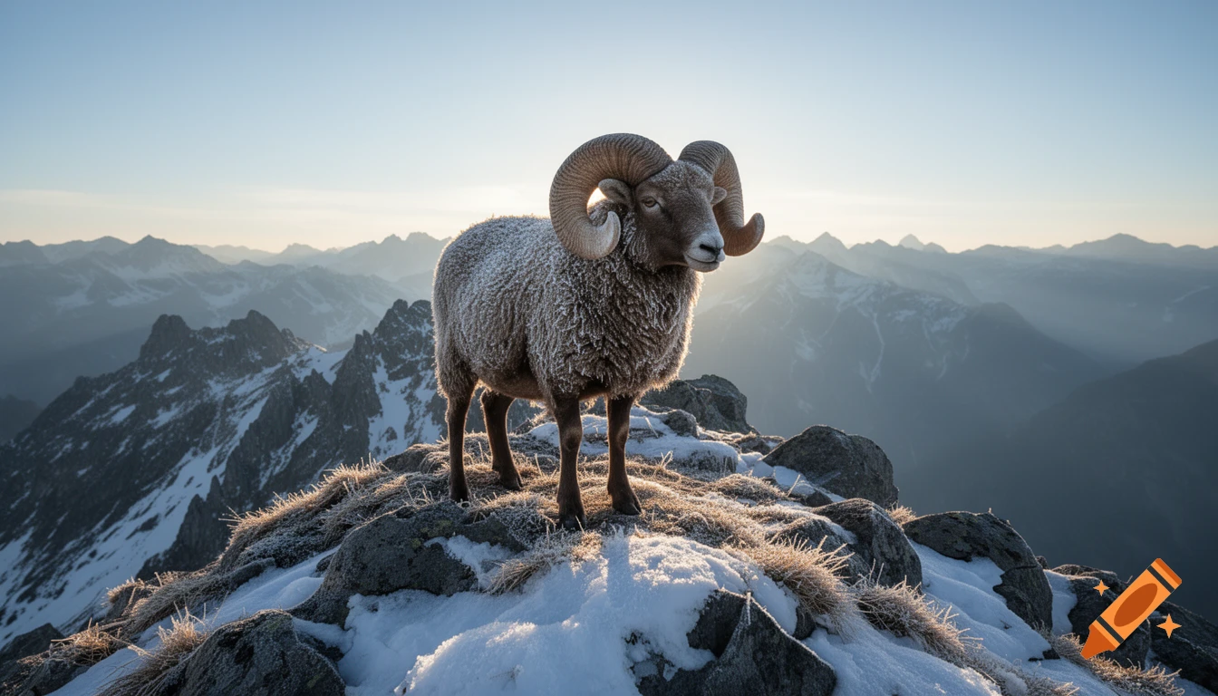 Photorealistic bighorn ram standing on a snow-capped mountain peak during sunrise with a mountain range in the background.