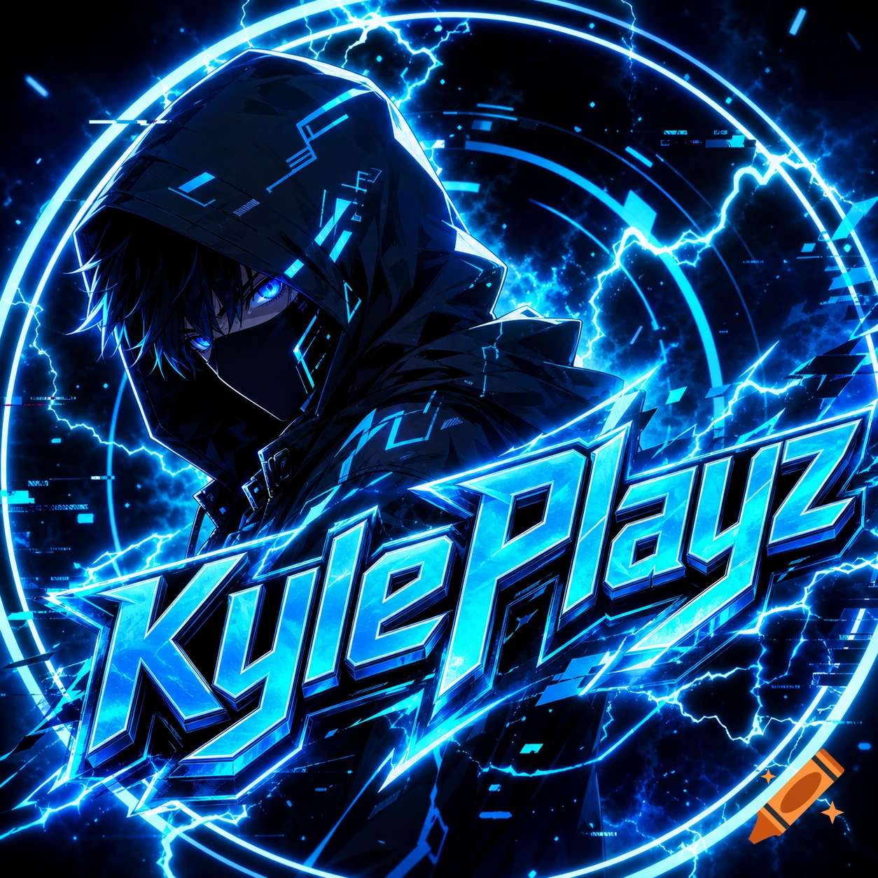 Gaming profile picture of an anime hooded character with glowing blue eyes and text reading KylePlayz.