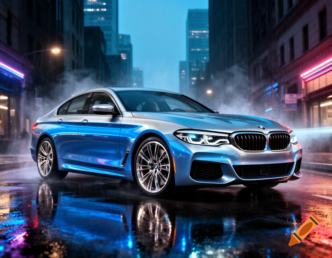 A blue BMW sedan parked on a wet city street at night with neon lights and buildings in the background, photorealistic style.