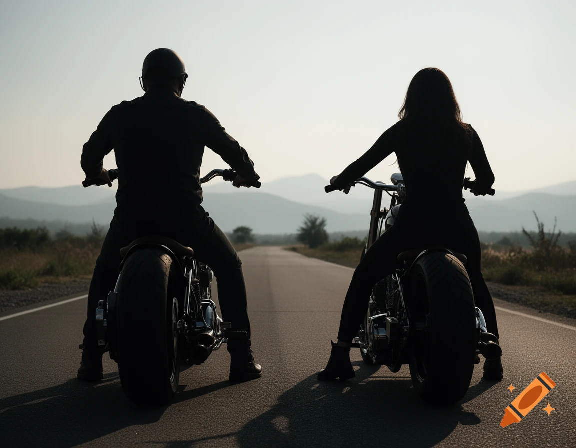 Silhouettes of a man and a woman sitting on custom motorcycles facing away from the camera on an open road.