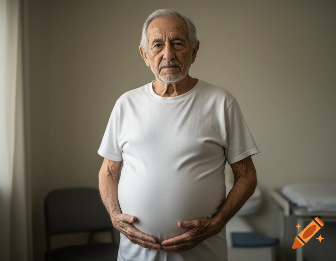Photorealistic portrait of an elderly man with a large pregnant-like belly in a room.