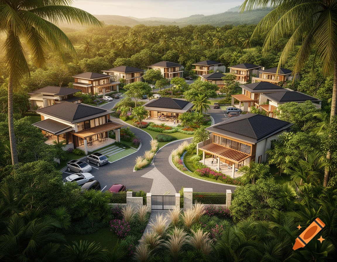 An aerial photorealistic view of a lush tropical residential community with contemporary villas, winding roads, and parking areas surrounded by dense green trees and palm trees.