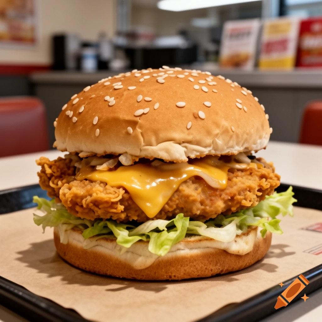 Close-up photorealistic image of a chicken burger with melted cheese, lettuce, and mayonnaise on a sesame seed bun, placed on a tray.