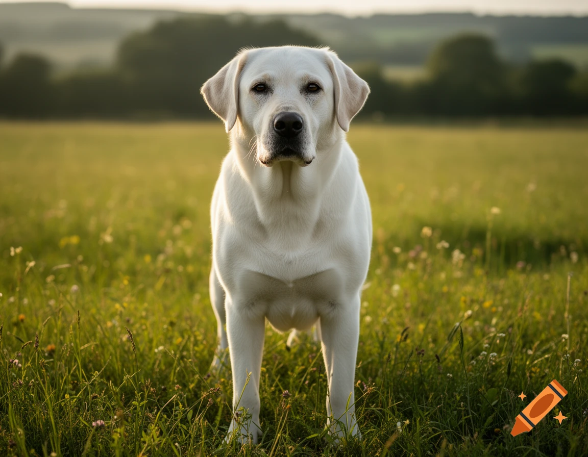 Photorealistic white Labrador retriever standing attentively in a green field during golden hour.
