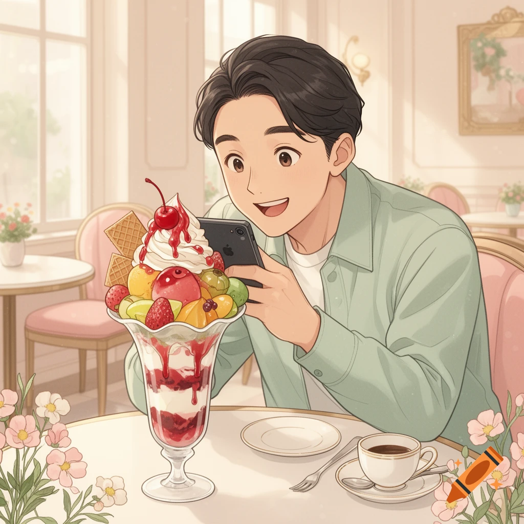 Anime style illustration of a young man smiling while taking a photo of a large fruit parfait in a cafe.