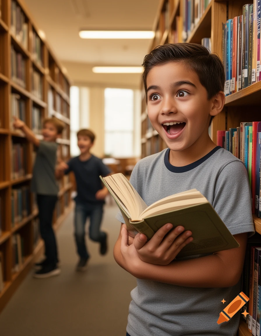 Photorealistic image of an excited 12-year-old boy holding an open book in a library, with other children playing in the background.