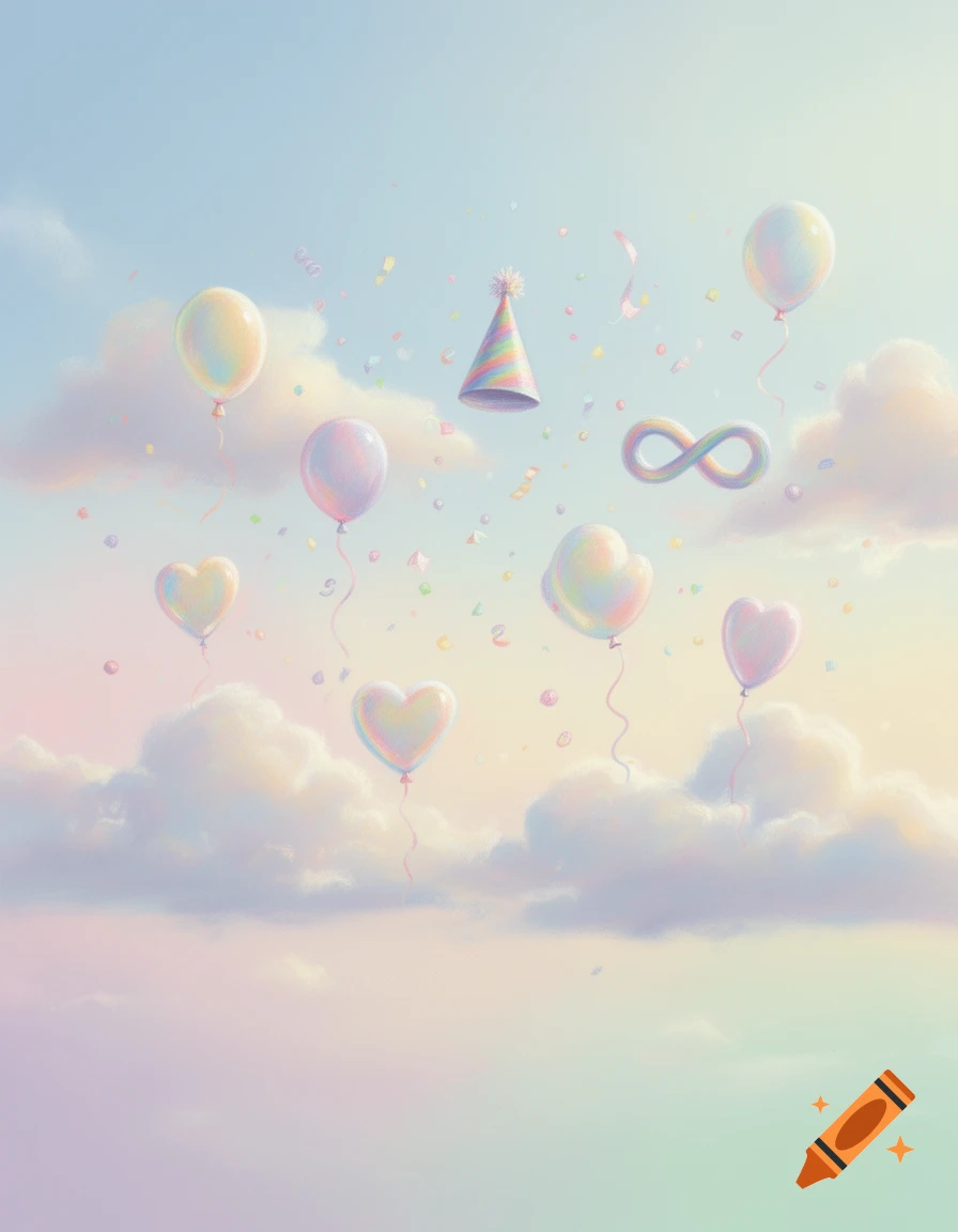 Soft pastel illustration of colorful balloons, party hats, and an infinity symbol floating among fluffy clouds.