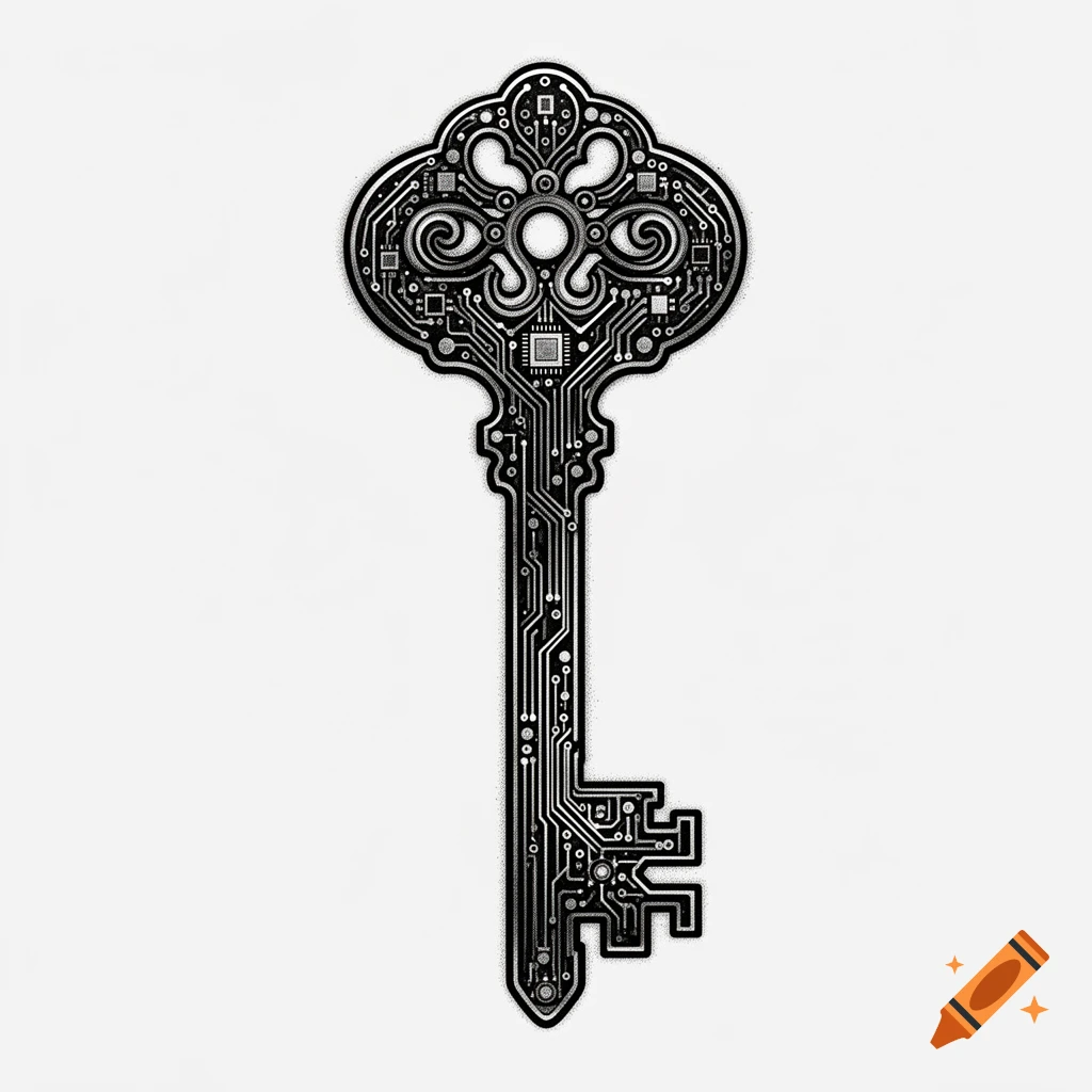 Black and white tattoo design of an ornate vintage key filled with intricate circuit board patterns.
