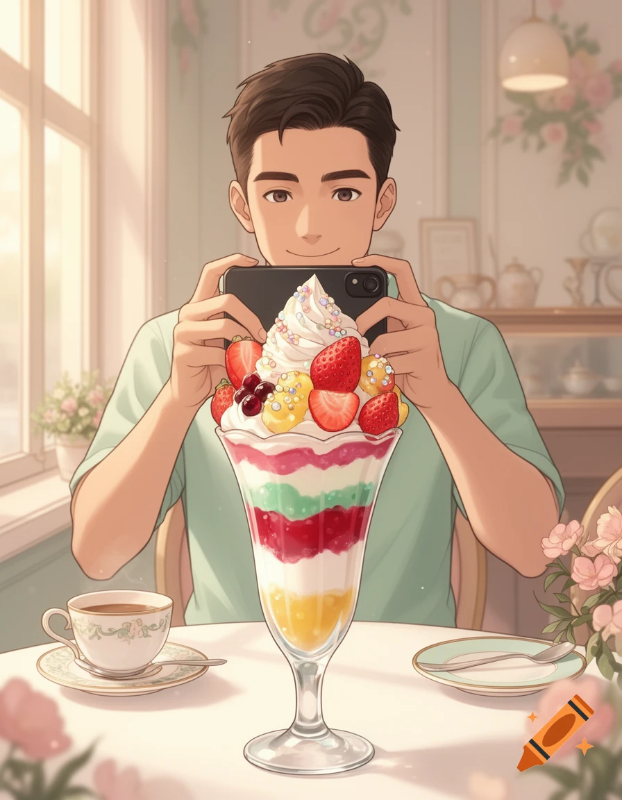 An anime-style illustration of a smiling man taking a photo of a large fruit parfait with a smartphone in a cafe.