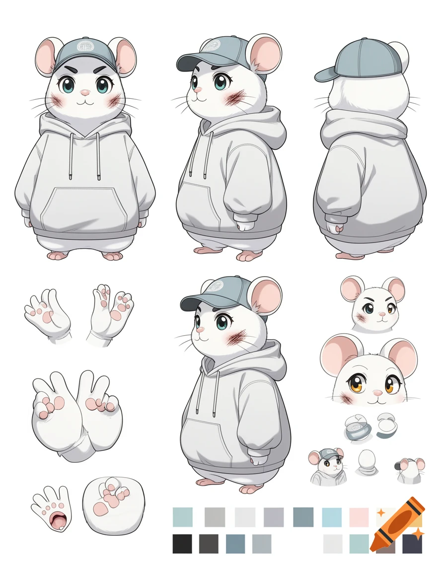 An anime character reference sheet of a white mouse wearing a grey hoodie and cap, showing multiple angles and expressions.