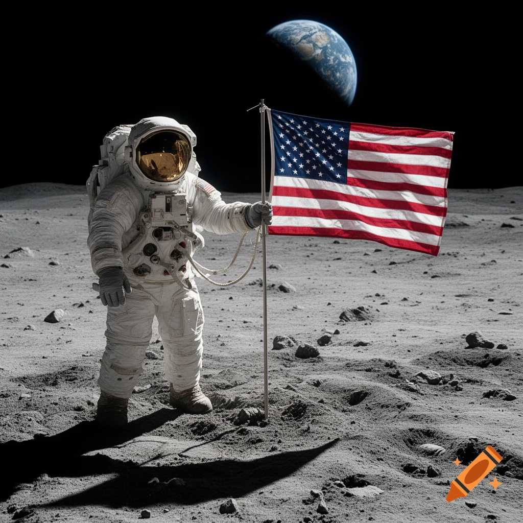 Photorealistic image of an astronaut planting the American flag on the lunar surface with Earth visible in the dark sky.
