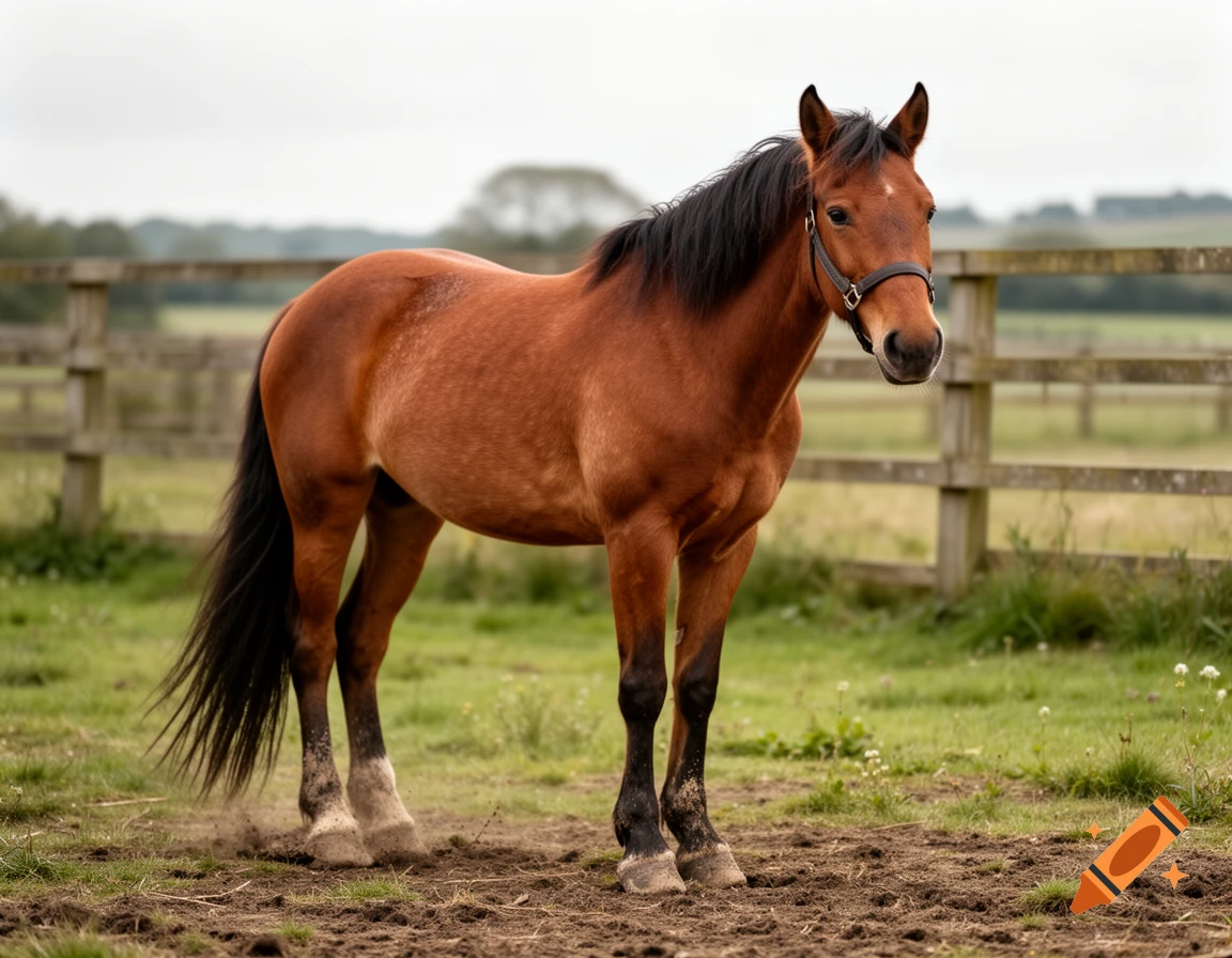 Photorealistic image of a brown horse standing in a muddy paddock with a wooden fence in the background.
