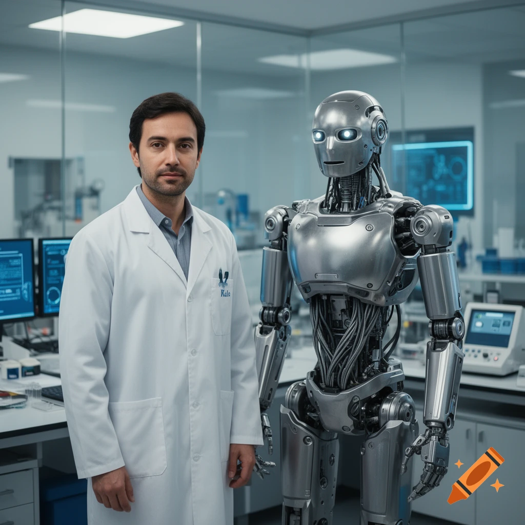 Photorealistic portrait of a male scientist in a lab coat standing next to a humanoid robot in a laboratory.
