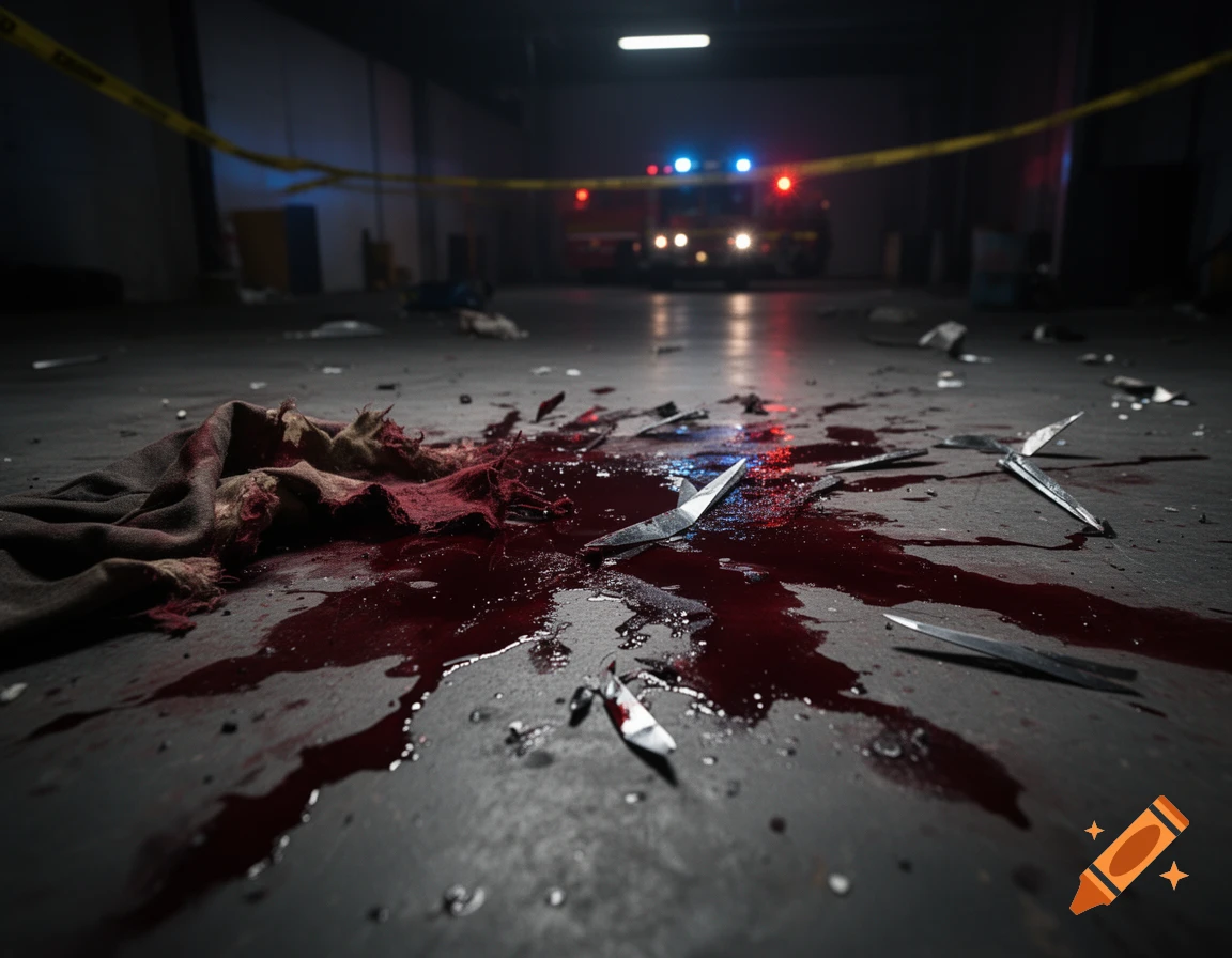 Photorealistic crime scene with blood pool, knives, and shredded cloth on a concrete floor with a police vehicle in the background.