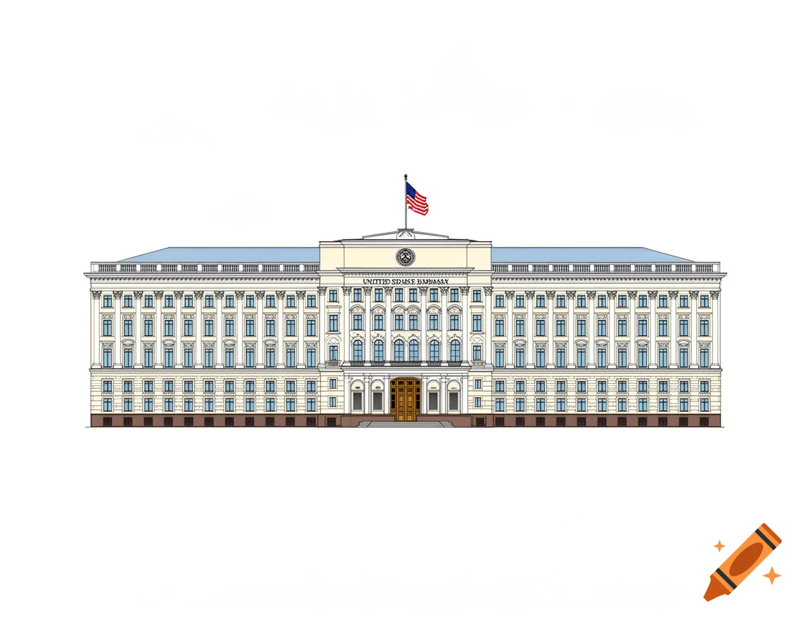 Clipart illustration of the United States Embassy building in Moscow with an American flag on top against a white background.