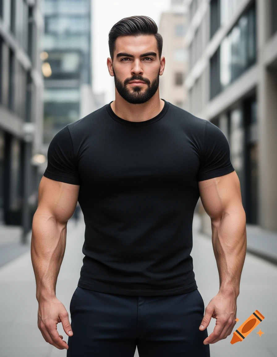 Photorealistic portrait of a muscular man with a beard, wearing a black t-shirt, standing outdoors in an urban setting.