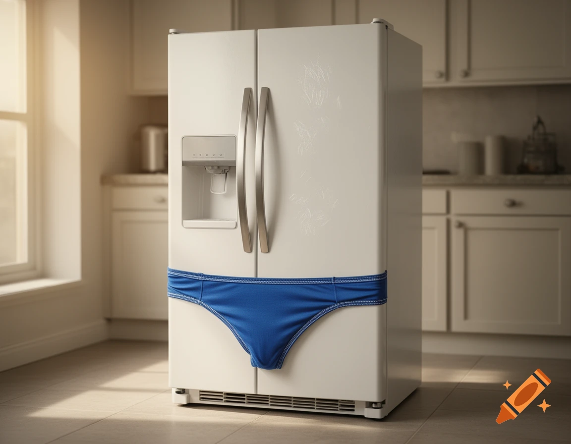 Photorealistic image of a white refrigerator wearing blue speedos in a modern kitchen.