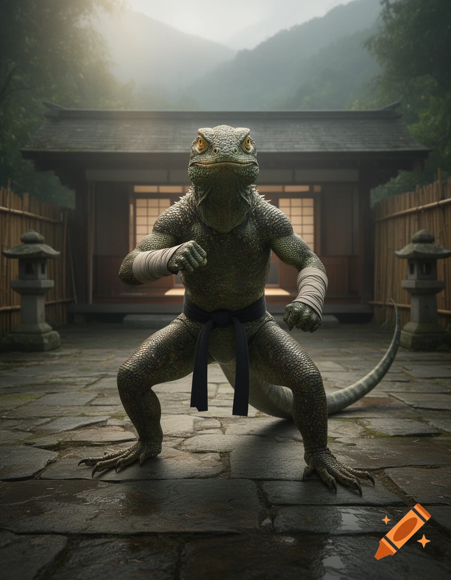 Photorealistic image of a humanoid lizard in a martial arts stance, wearing a black belt and wrist wraps, in a Japanese courtyard.