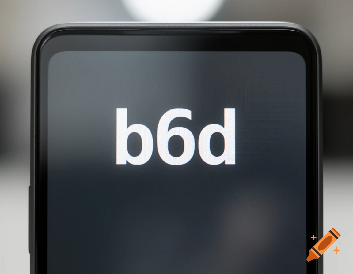 Close-up of a smartphone screen displaying the text 'b6d' in white against a dark background.