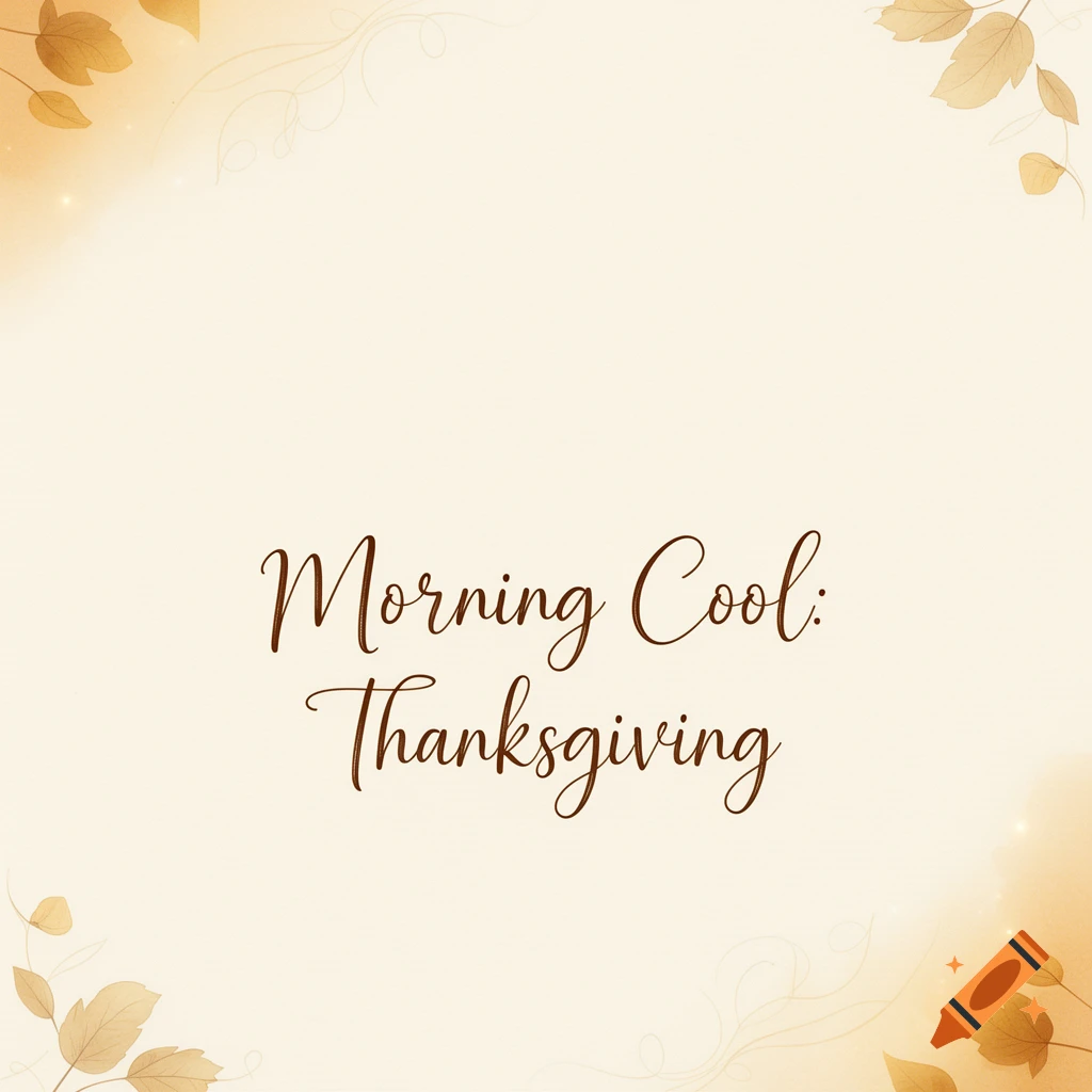 Cream-colored background with autumn leaves in the corners and the text Morning Cool: Thanksgiving in brown script.