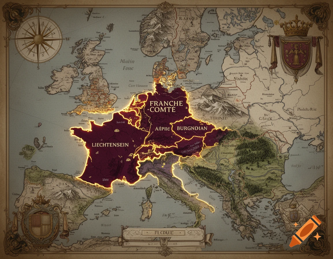 Vintage fantasy map of Europe with glowing borders and historical territory labels.
