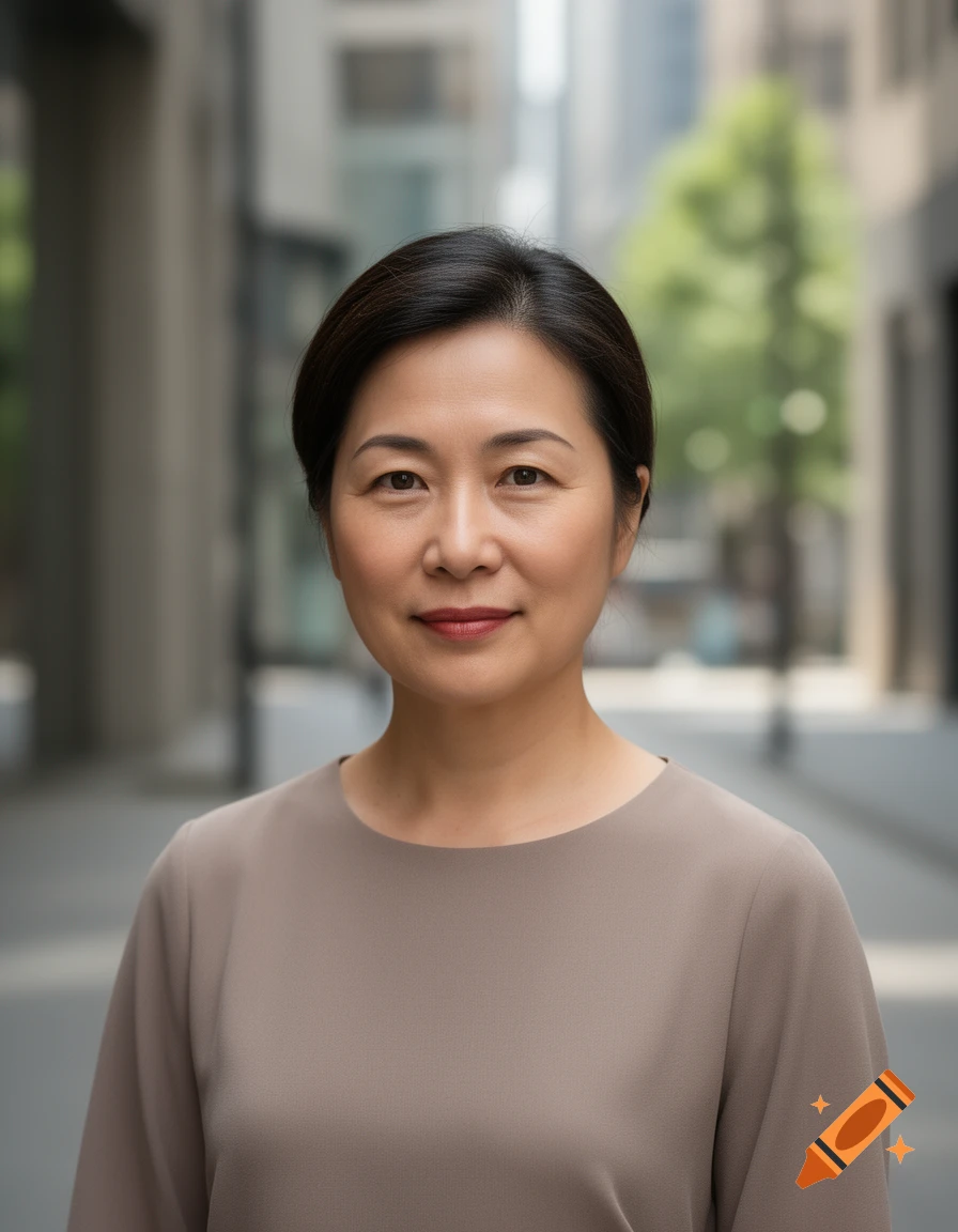 Photorealistic portrait of a middle-aged Asian woman with short dark hair, wearing a brown top, against a blurred urban background.