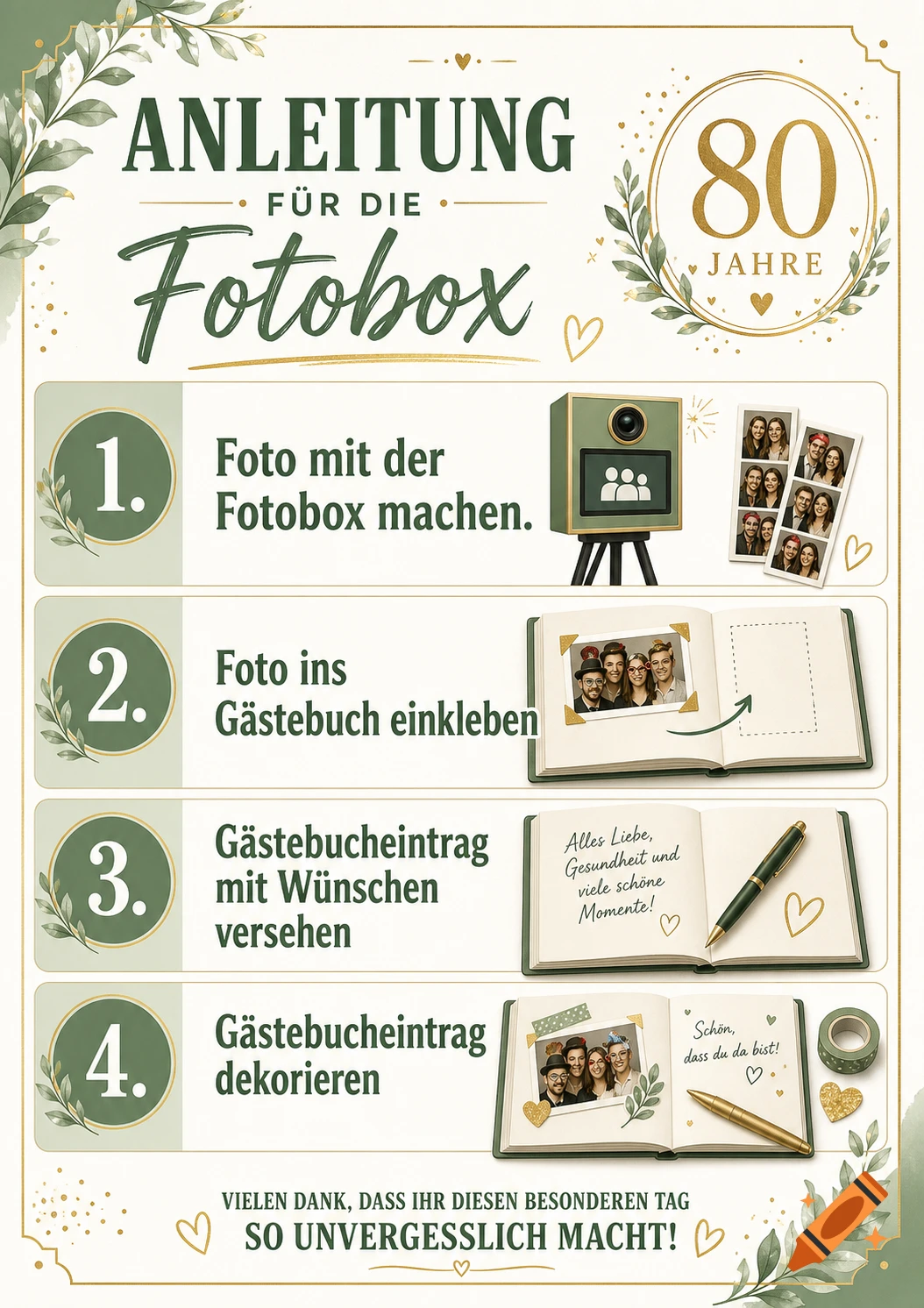 Anleitung für die Fotobox flyer for an 80th birthday with green and gold accents and step-by-step instructions.