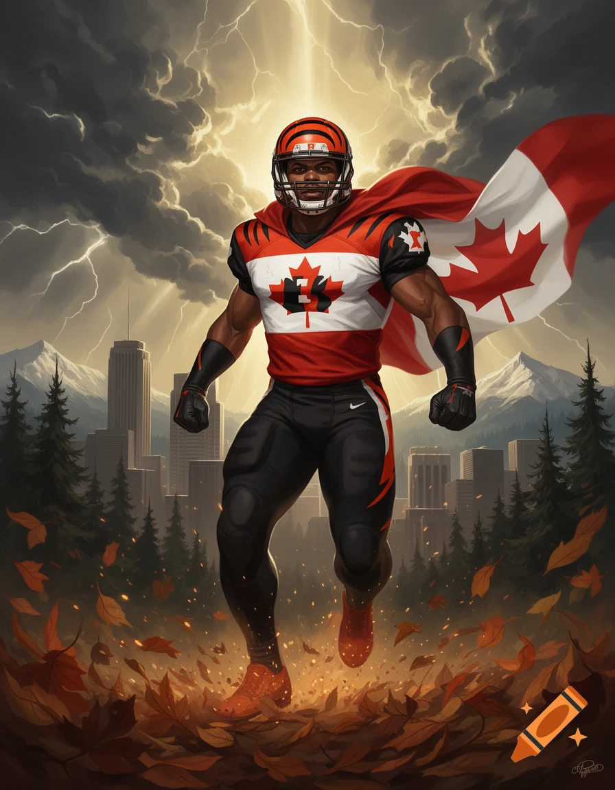 Illustration of a football player in a Bengals uniform with a Canadian flag cape, running through autumn leaves against a city and mountain backdrop.
